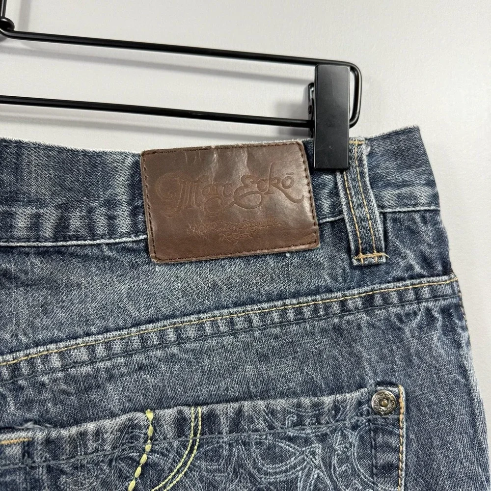 Marc Ecko Jeans Mens 34x32 Blue Medium Wash Denim Bootcut Embroidered Pockets
